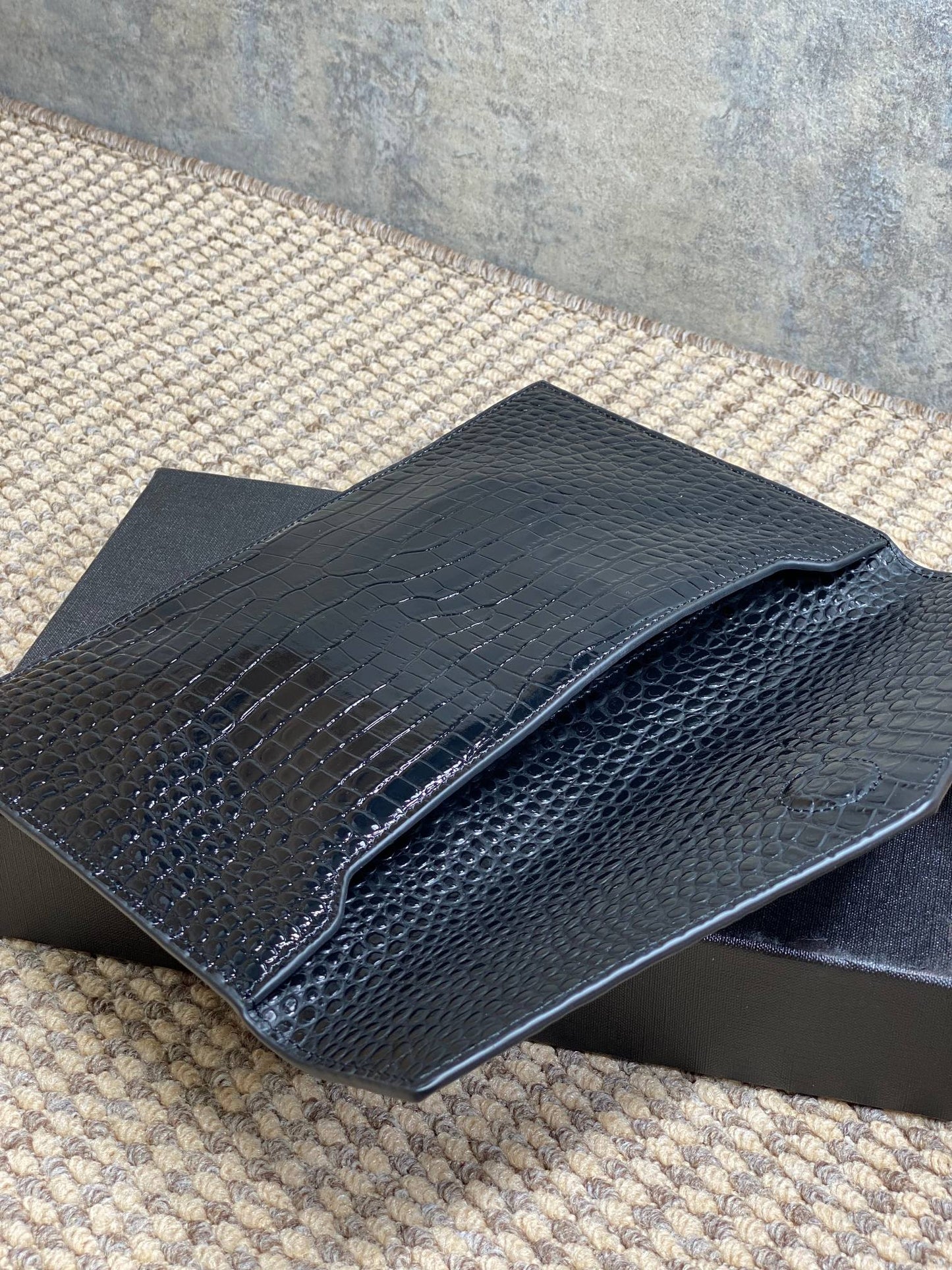 YSL 22s Uptown Pouch Clutch Bag Black Croc Embossed Leather GHW mysite