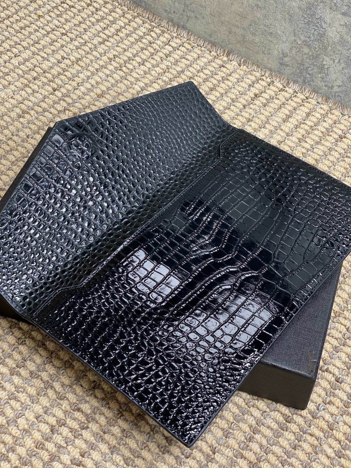 YSL 22s Uptown Pouch Clutch Bag Black Croc Embossed Leather GHW mysite