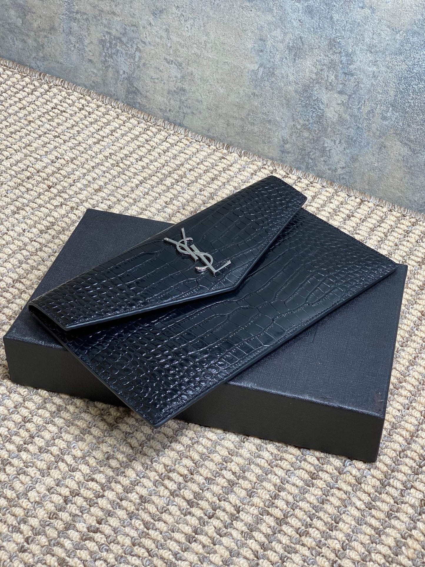 YSL 22s Uptown Pouch Clutch Bag Black Croc Embossed Leather Sliver HW mysite