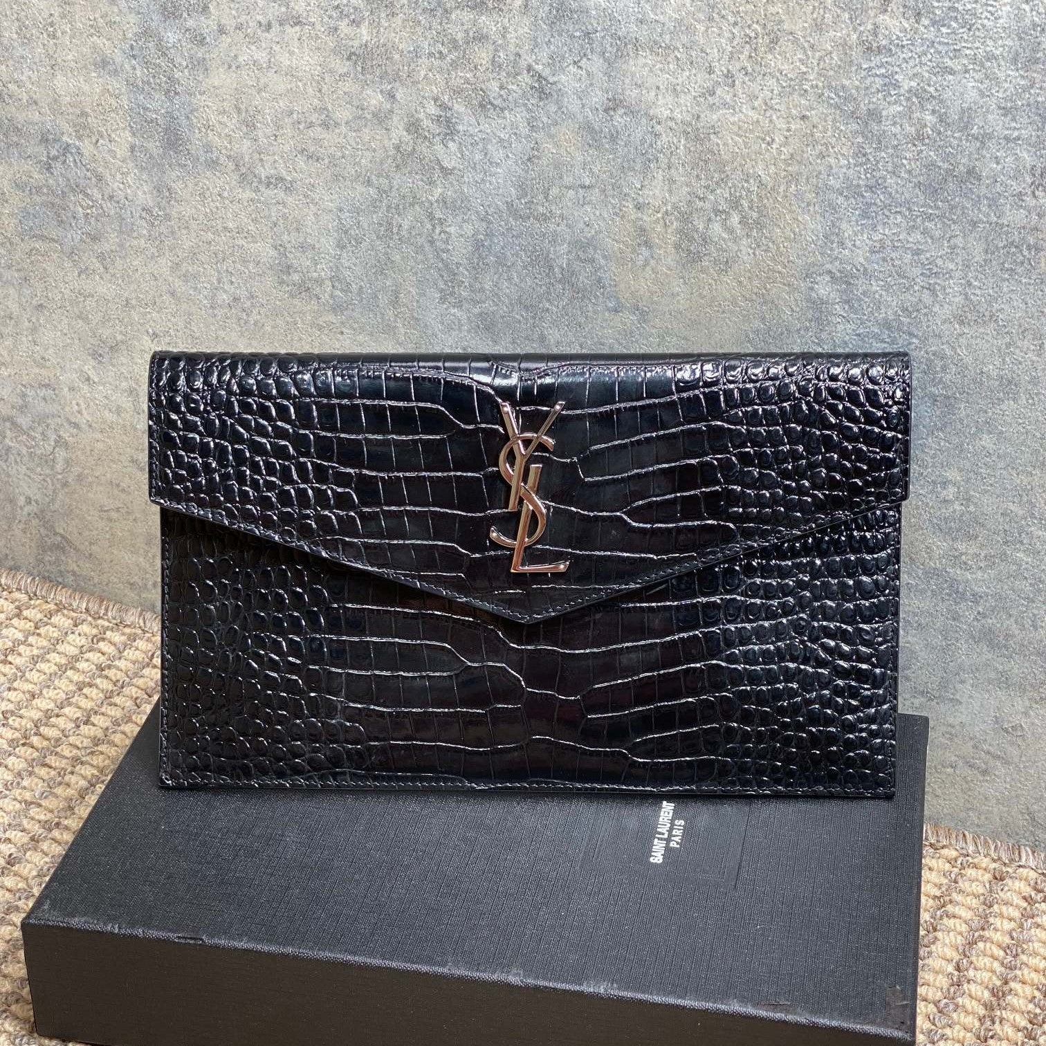 YSL 22s Uptown Pouch Clutch Bag Black Croc Embossed Leather Sliver HW mysite