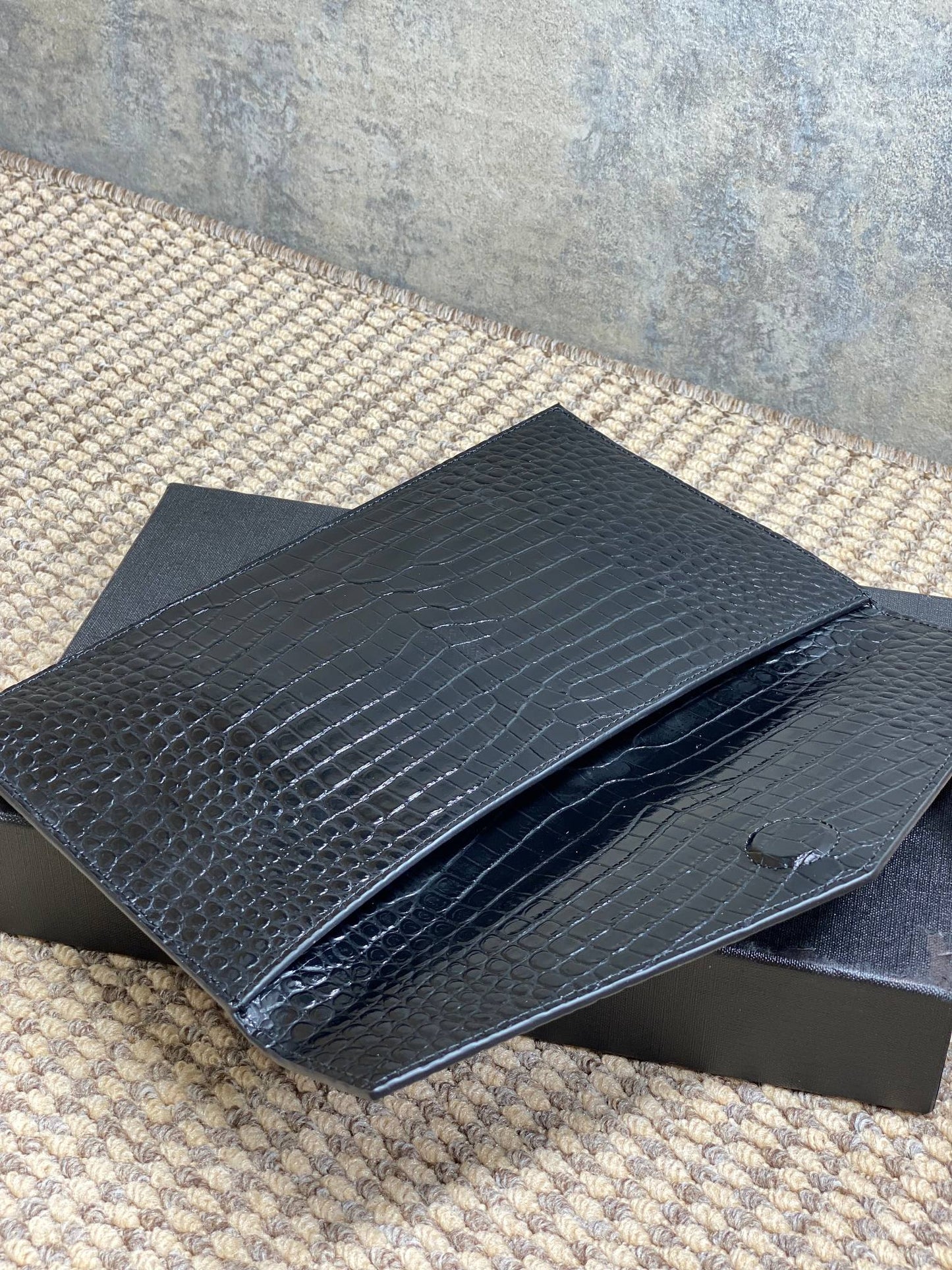 YSL 22s Uptown Pouch Clutch Bag Black Croc Embossed Leather Sliver HW mysite