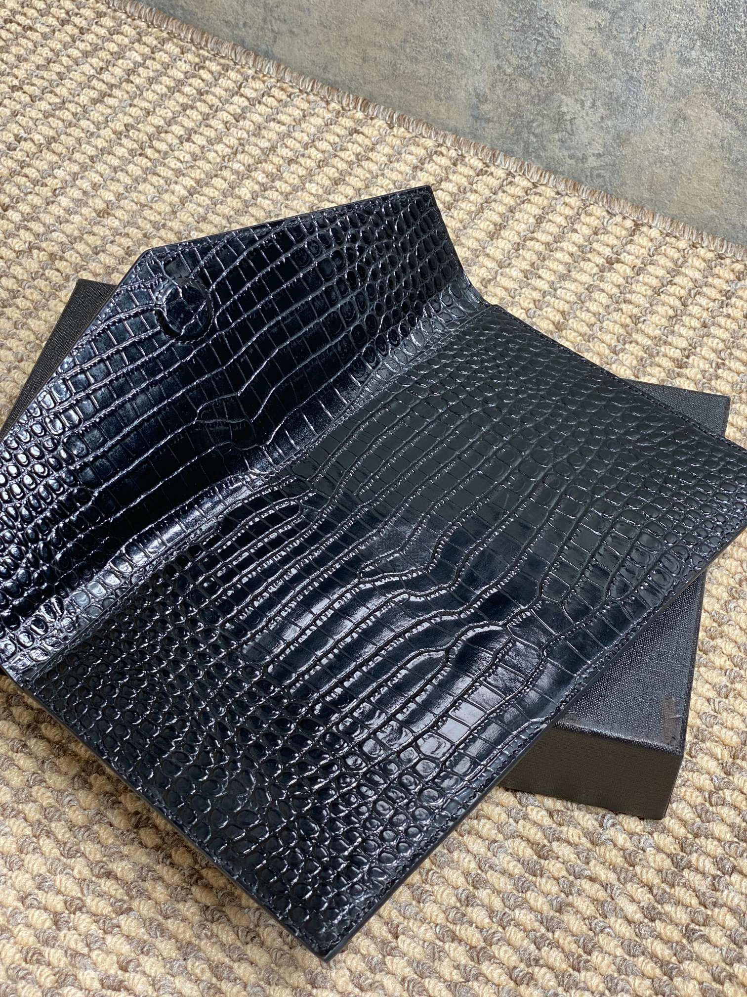 YSL 22s Uptown Pouch Clutch Bag Black Croc Embossed Leather Sliver HW mysite