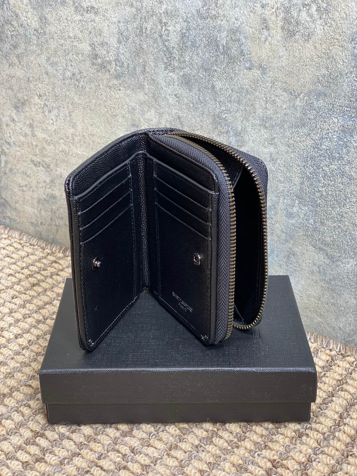 YSL Cassandre Matelassé Compact Zip-Around Wallet Full Black Caviar Cowhide mysite