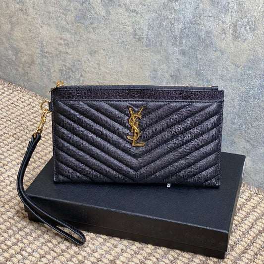 YSL Gold Hardware Logo Zipper Clutch 23cm Black Caviar Cowhide mysite