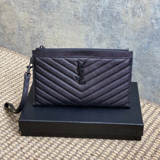YSL Black Hardware Logo Zipper Clutch 23cm Black Caviar Cowhide mysite
