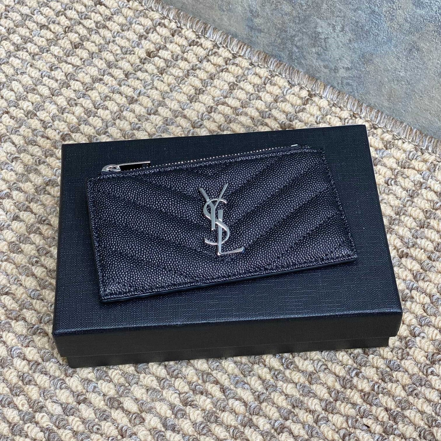 YSL Zip Coin Case With Card Black Caviar Cowhide Sliver HW mysite