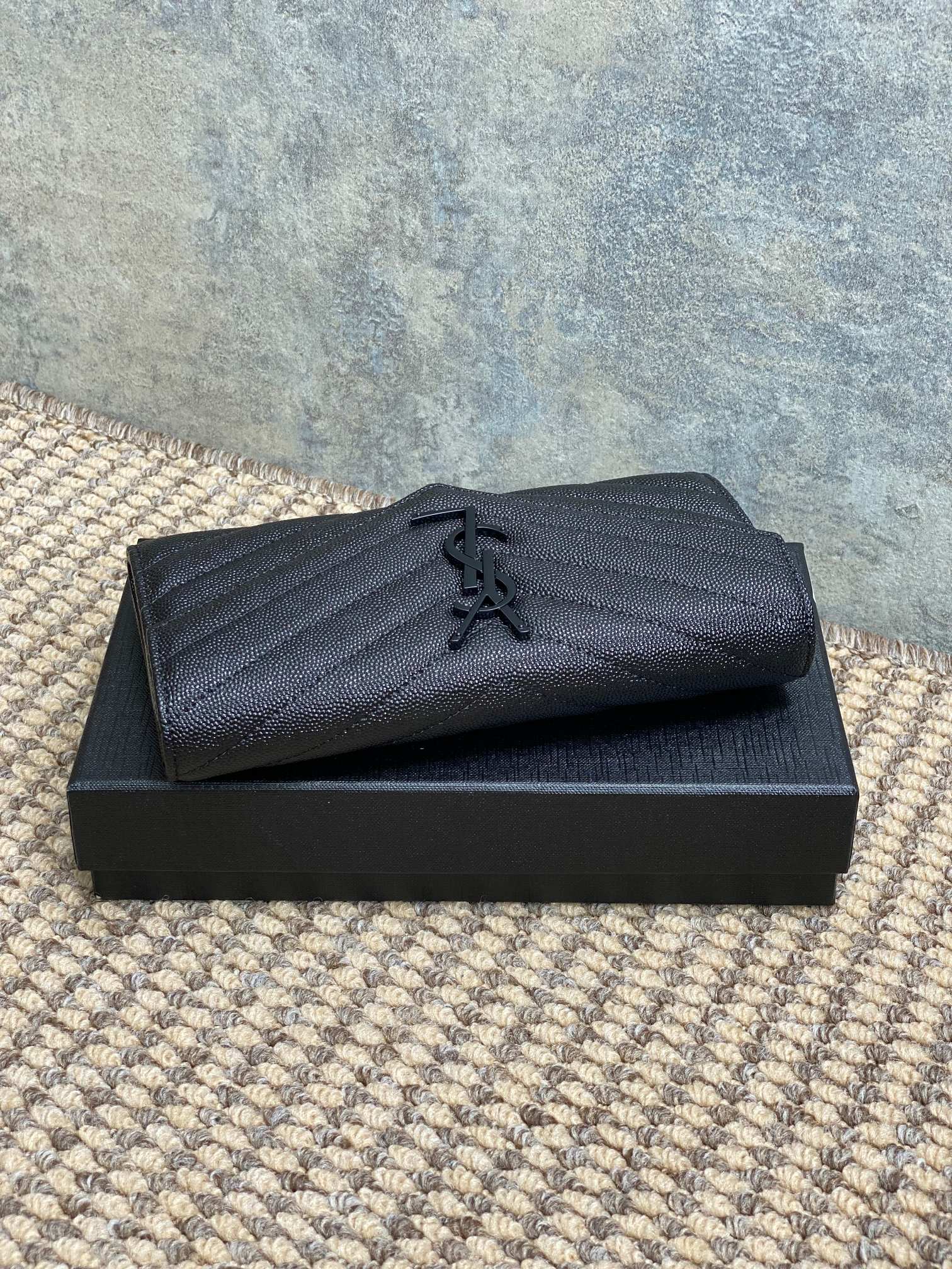 YSL Cassandre Envelope Flap Wallet Full Black Caviar Cowhide mysite