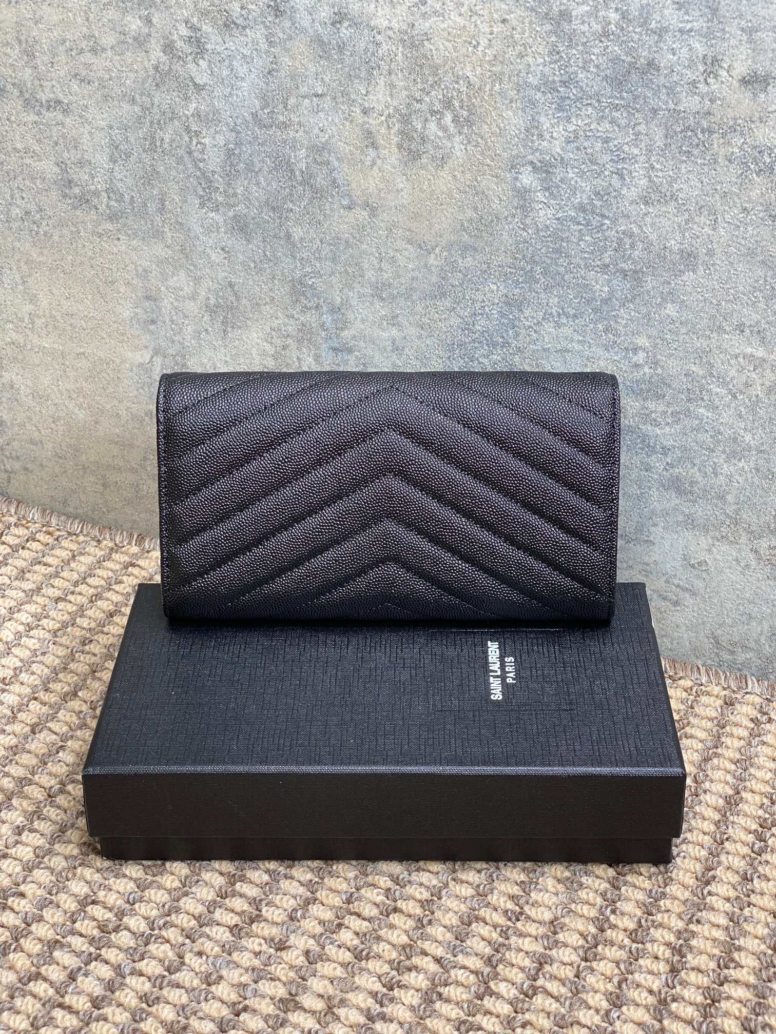 YSL Cassandre Envelope Flap Wallet Full Black Caviar Cowhide mysite