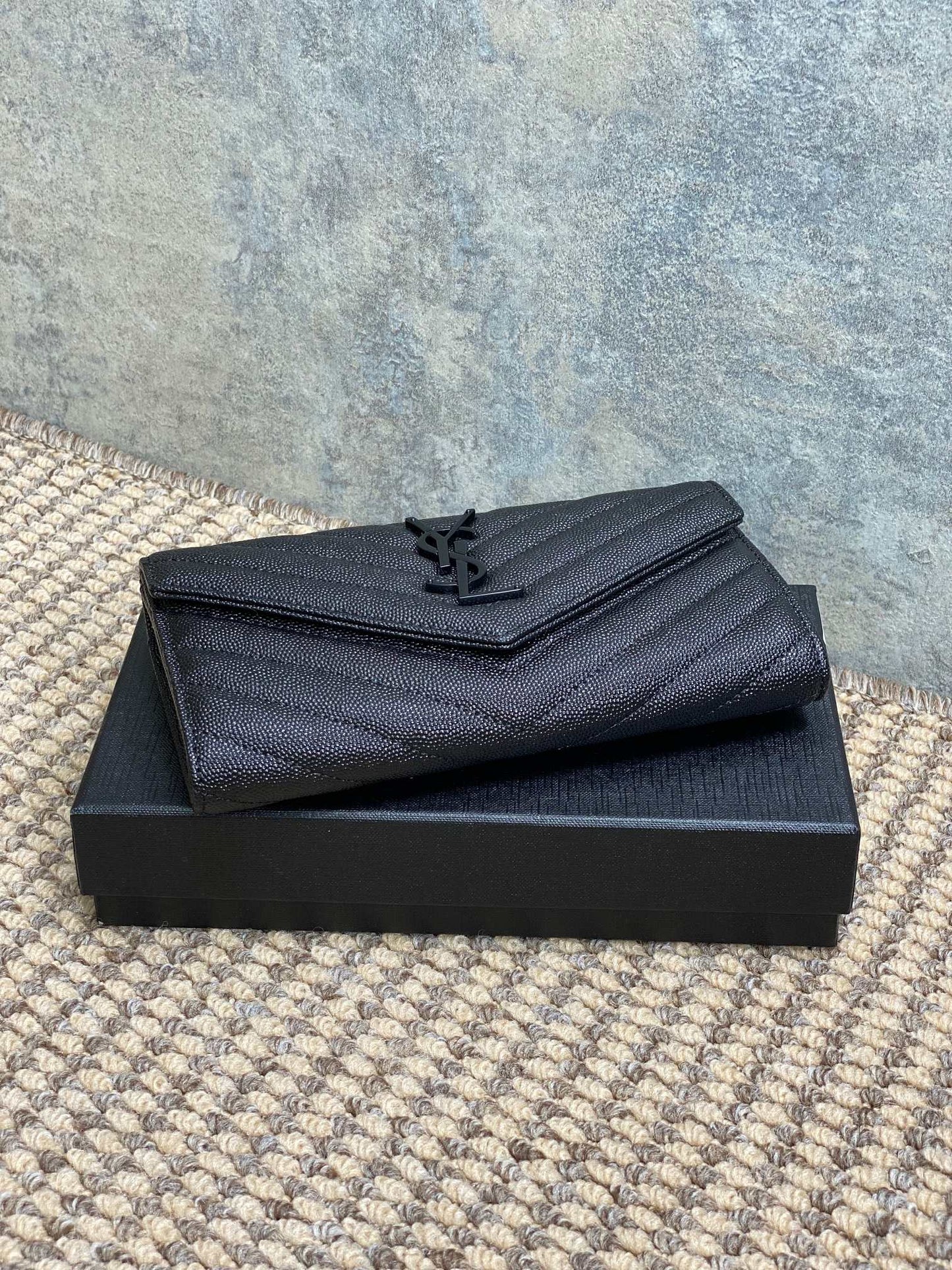 YSL Cassandre Envelope Flap Wallet Full Black Caviar Cowhide mysite