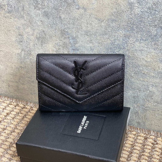 YSL Monogram Card Flap Wallet 13.5cm All Black Caviar Cowhide mysite