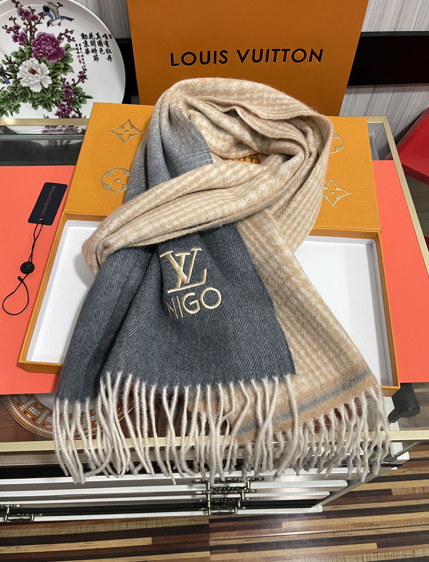 SCARF 200 CM IN BROWN MIX GREY CASHMERE 400012 mysite