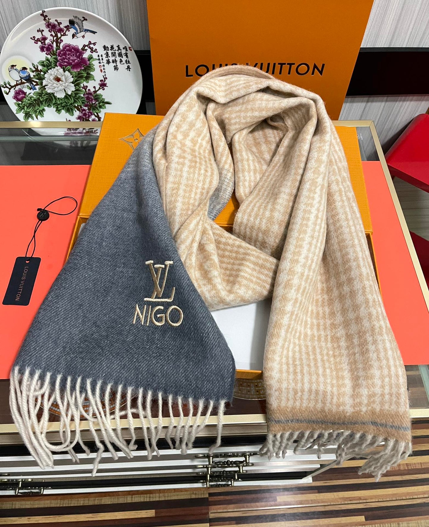 SCARF 200 CM IN BROWN MIX GREY CASHMERE 400012 mysite