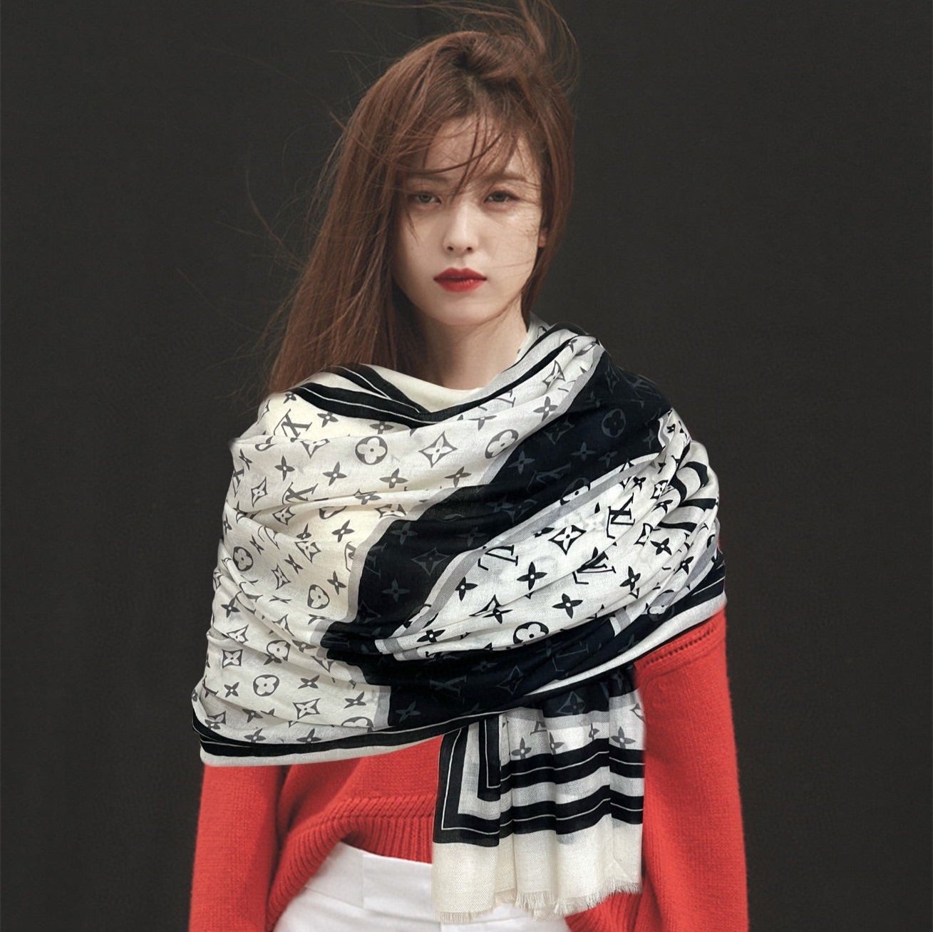 SCARF 200 CM IN BLACK MIX WHITE CASHMERE 400032 mysite