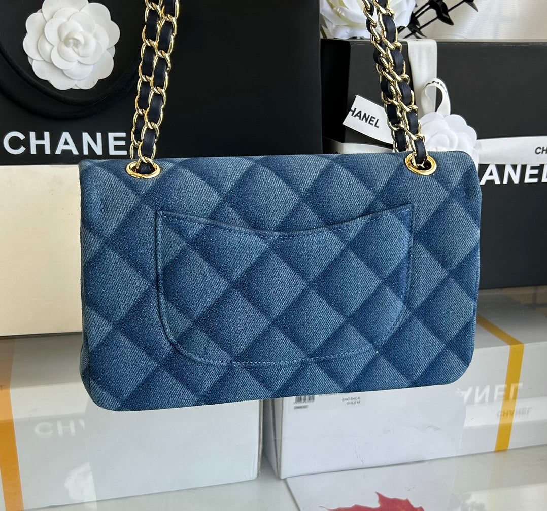 MINI FLAP BAG 20 IN CLASSIC BLUE DENIM GOLD HARDWARE mysite