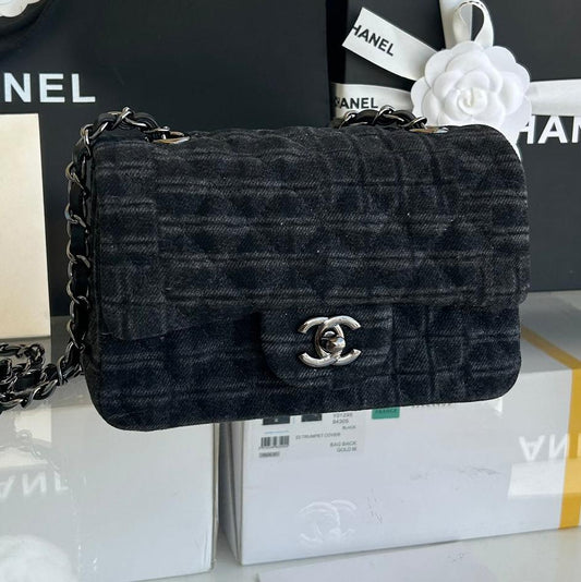 SMALL FLAP BAG 20 IN BLACK DENIM AND CALFSKIN LINING SILVER HARDWARE mysite