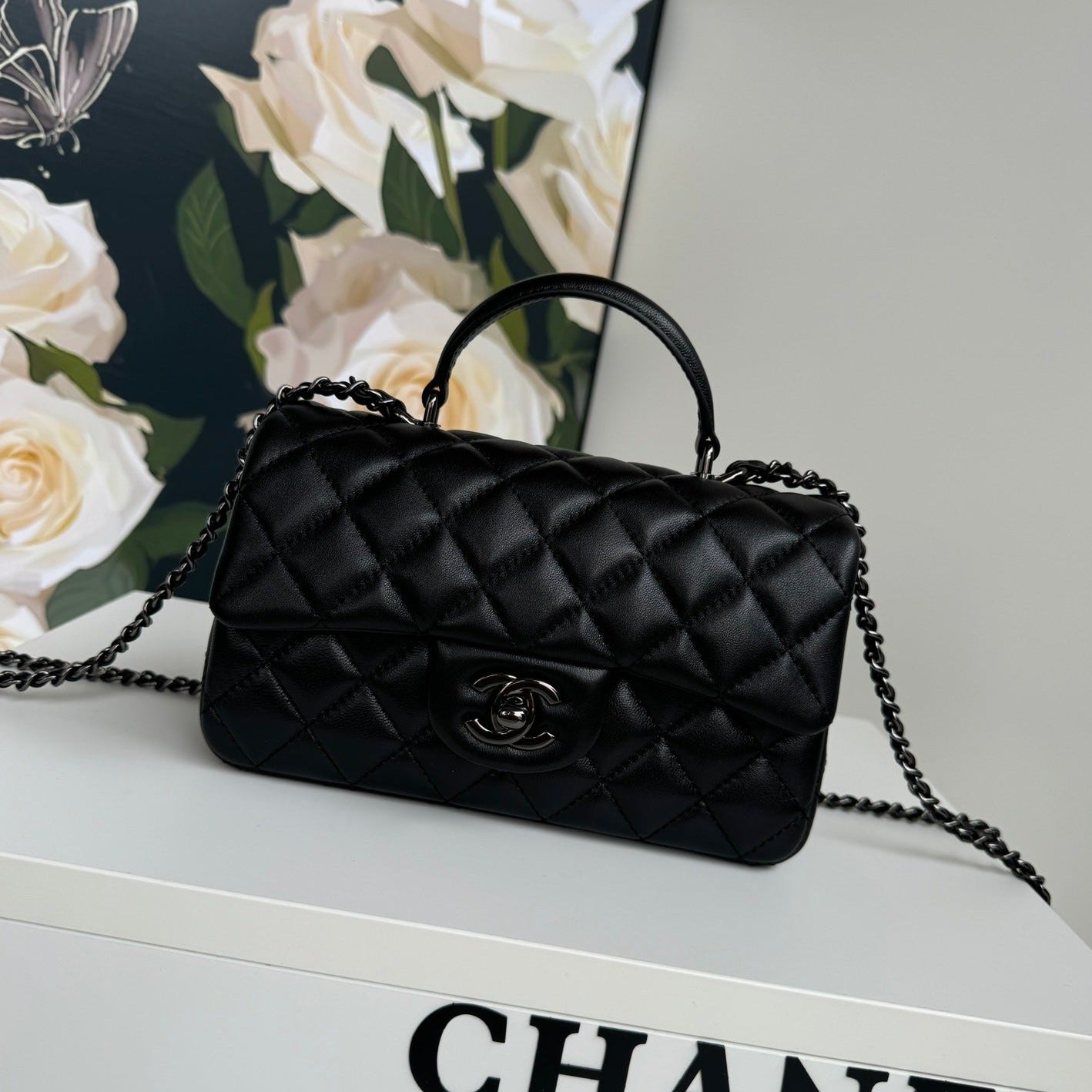 24c mini flap bag 20cm with top handle all black calfskin mysite