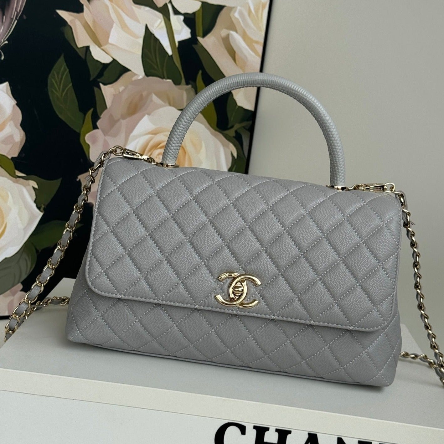 coco handle medium 29cm grey quilted caviar leather gold hardware mysite