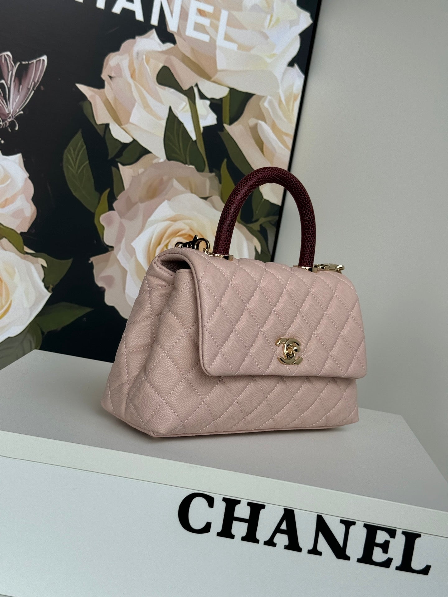 coco handle flap bag 24cm pastel pink red quilted caviar leather mysite