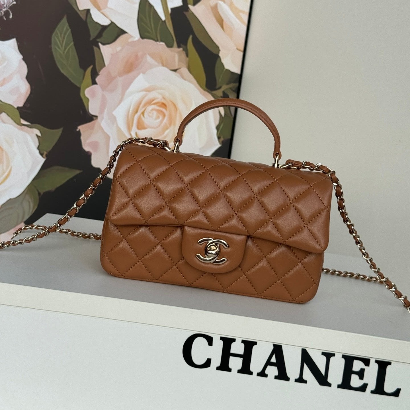 FLAP BAG 20 IN BRONZE BROWN LAMBSKIN WITH HANDLE mysite