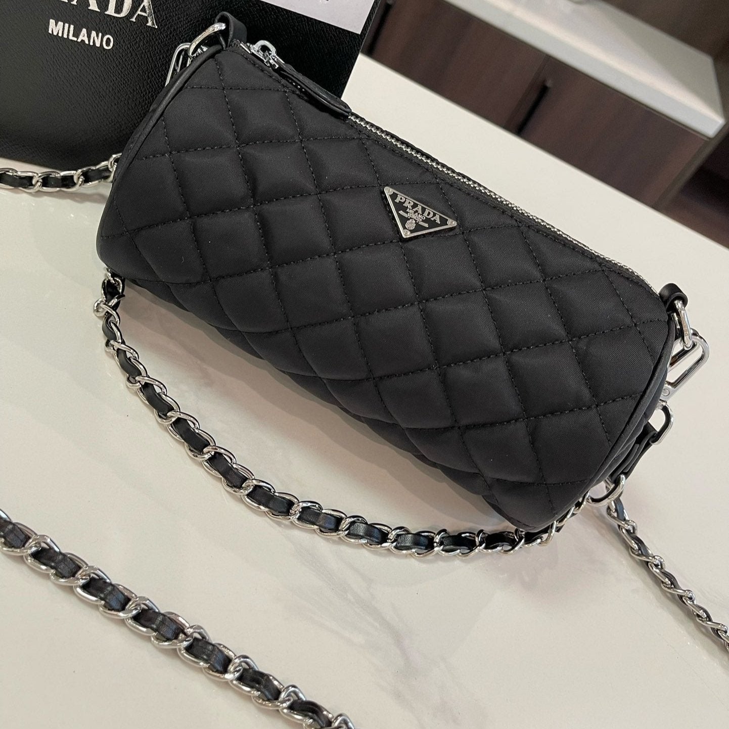 PRA CYLINDRICAL 20 BAG IN BLACK RE-NYLON SILVER HARDWARE mysite