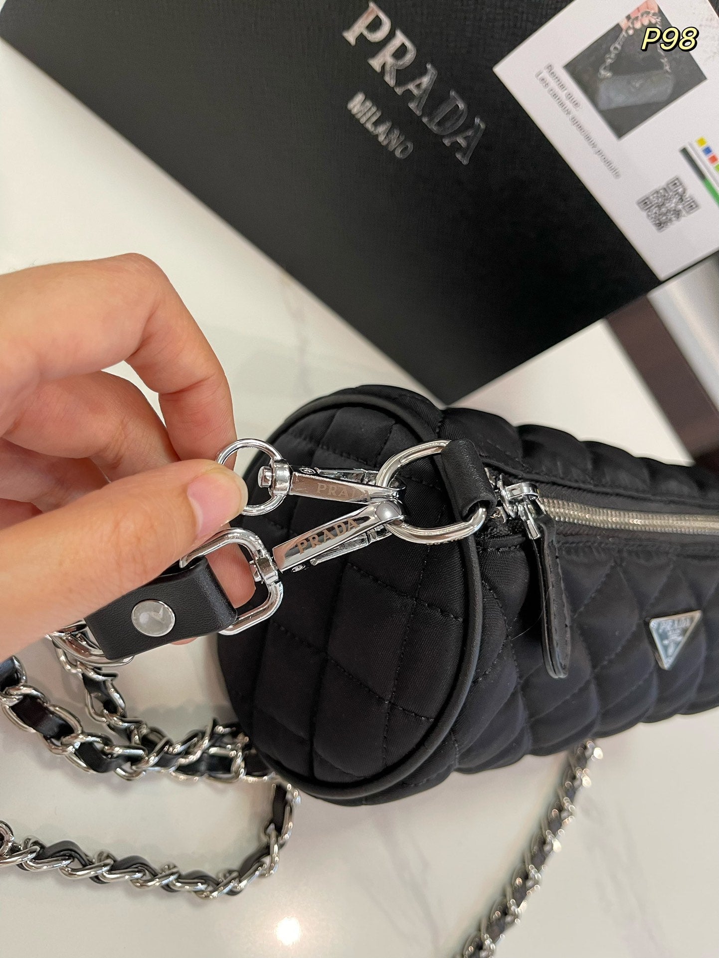 PRA CYLINDRICAL 20 BAG IN BLACK RE-NYLON SILVER HARDWARE mysite