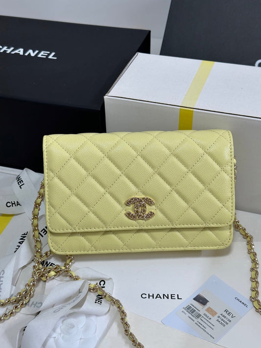 CC 25P Wallet On Chain 19cm Yellow Pastel Cowhide Heart Rhinestone 243595 mysite