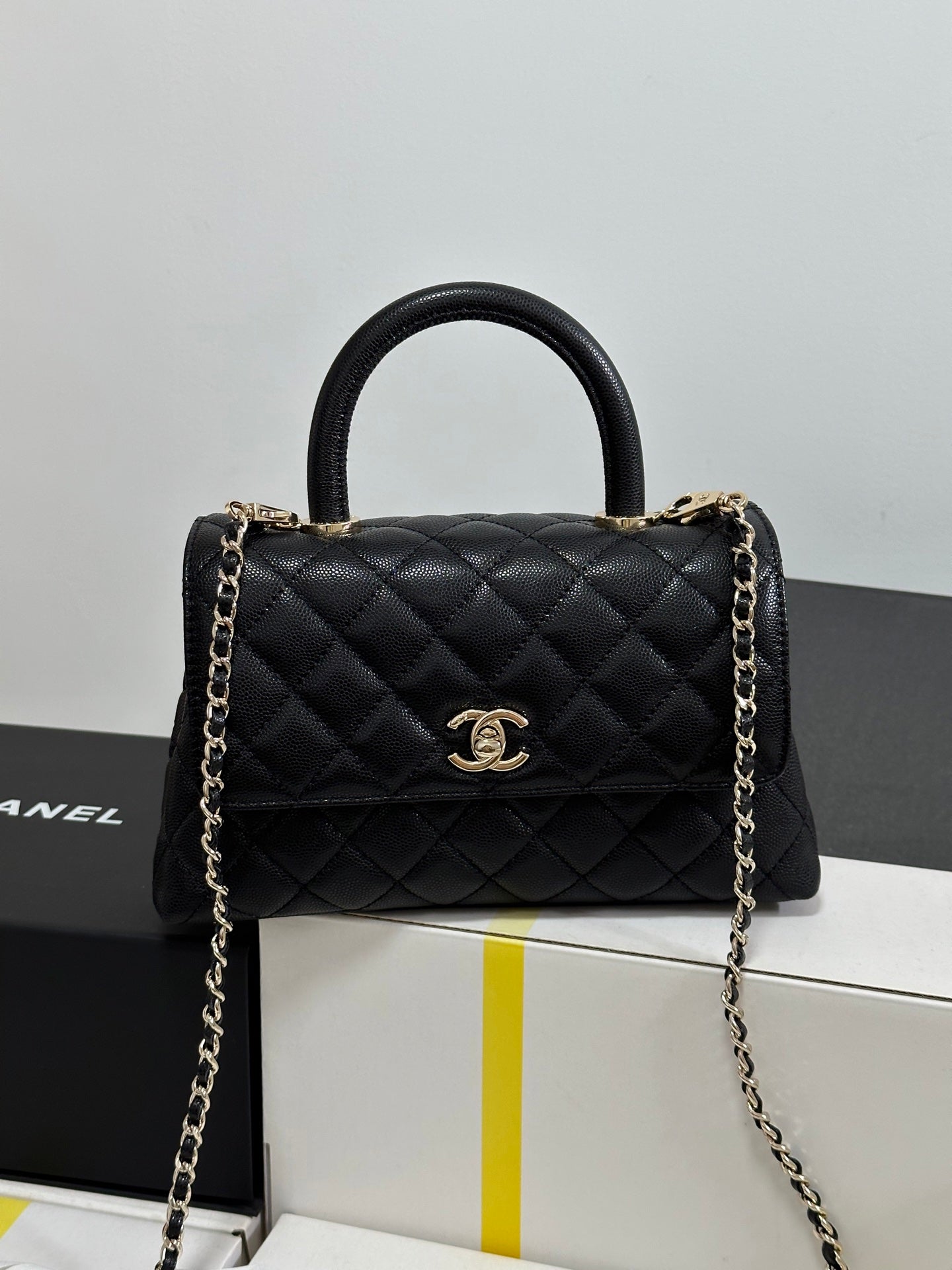 CC Coco Handle Flap Bag 24 Black Quilted Caviar Light Gold Hardware 243475 mysite