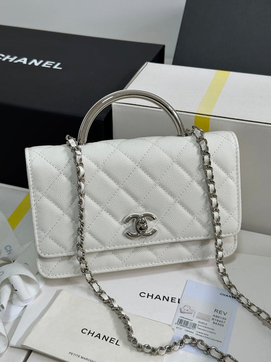 CC 25P Wallet Woc Handle 19cm White Leather Silver Hardware 243451 mysite