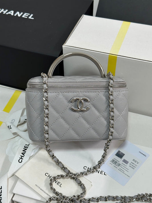CC 25P Vanity Case 17cm Light Gray Leather Silver Hardware 243466 mysite