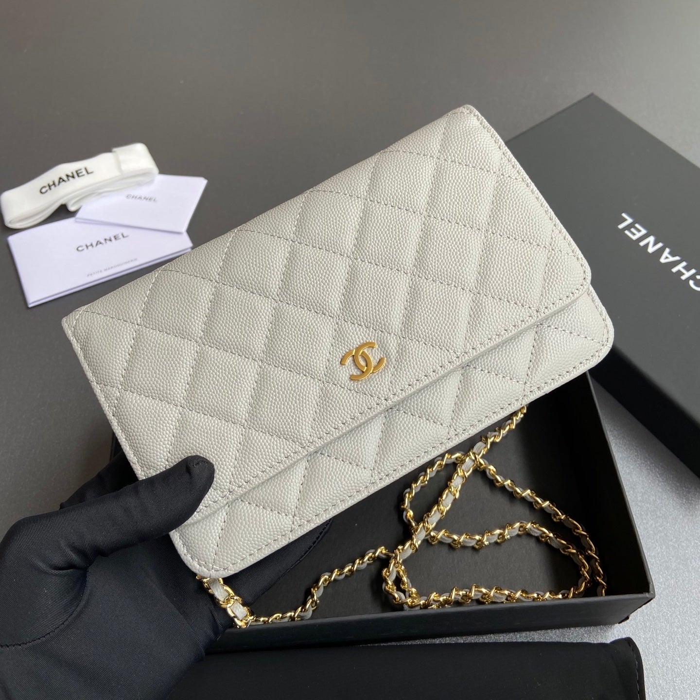 CC Wallet On Chain 20cm White Caviar Leather Gold Hardware 240157 mysite
