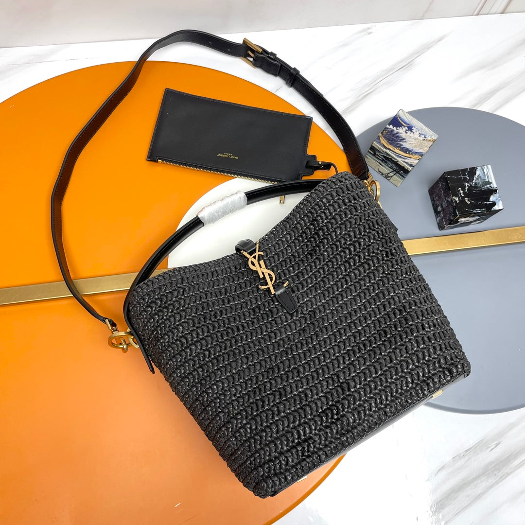 YSL LE 37 20CM BLACK RAFFIA BUCKET BAG mysite