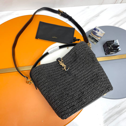 YSL LE 37 20CM BLACK RAFFIA BUCKET BAG mysite