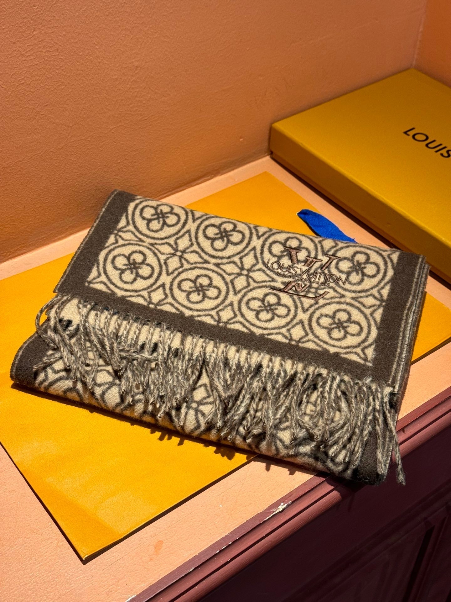 FLOWER MONOGRAM SCARF 180 CM IN MEDIUM BROWN CASHMERE 388306 mysite