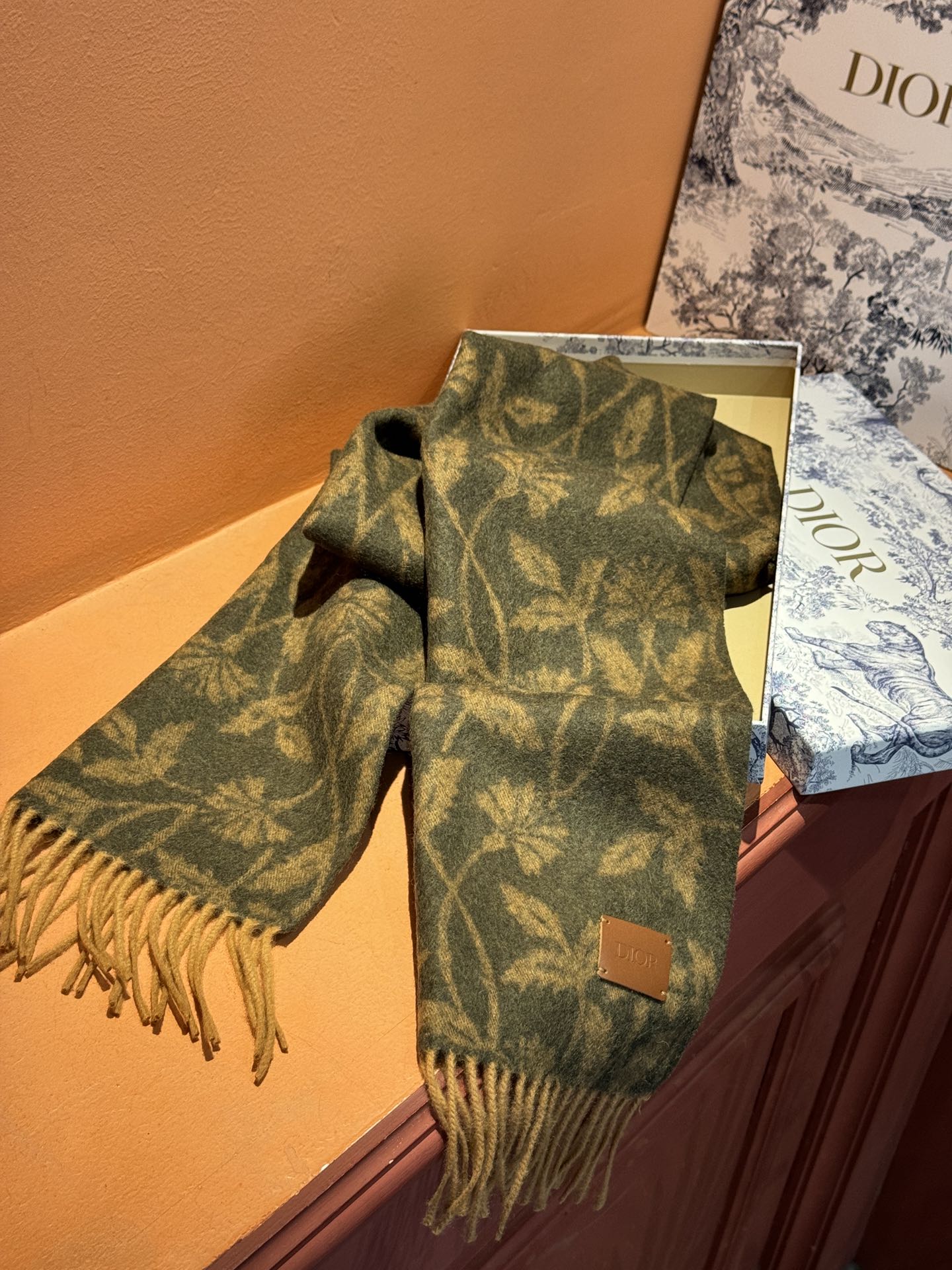 SCARF 180 CM IN OLIVE GREEN MONOGRAM CASHMERE 394642 mysite