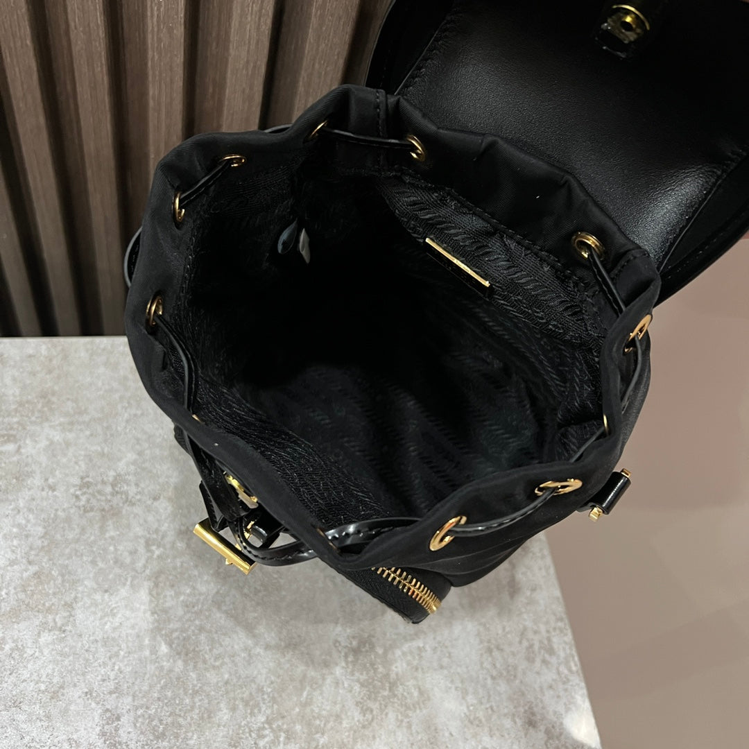 MINI BACKPACK 18 IN BLACK RE-NYLON AND GLOSSY CALFSKIN GOLD HARDWARE mysite