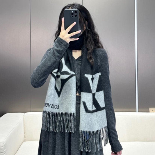 GRAPHIC DUAL SCARF 192 CM IN BLACK MIX LIGHT GRAY WOOL AND CASHMERE 396435 mysite