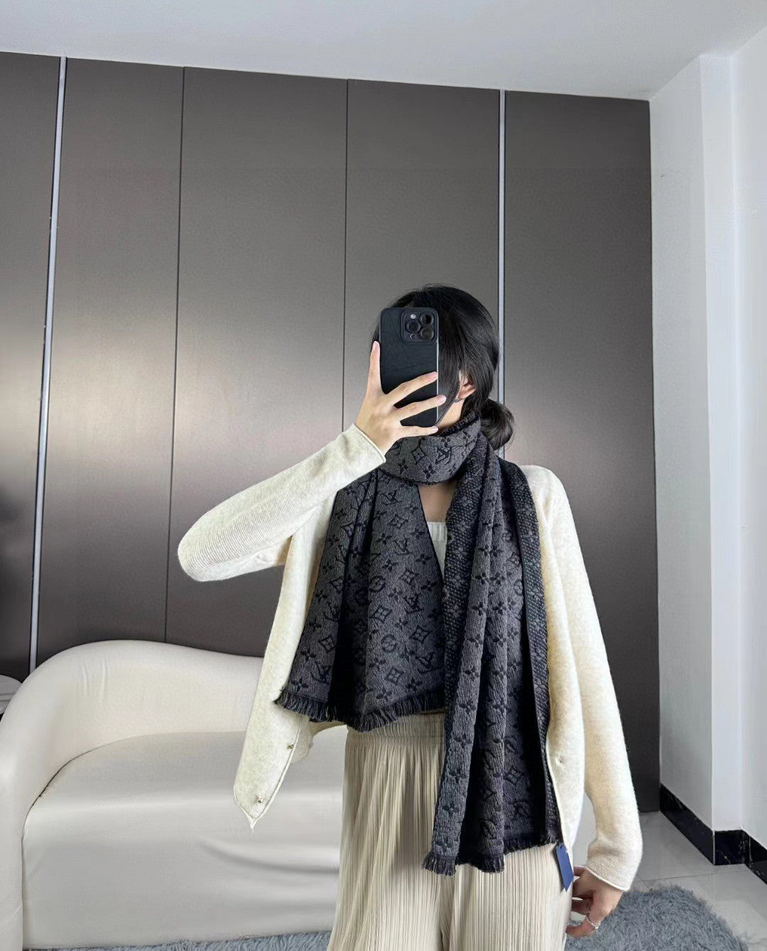 SCARF 180 CM IN PRUSSIAN BLUE CLASSIC MONOGRAM CASHMERE 396439 mysite