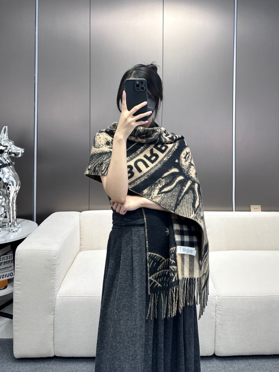REVERSIBLE EKD SCARF 210 CM IN BLACK MIX CAMEL BEIGE CASHMERE 410182 mysite