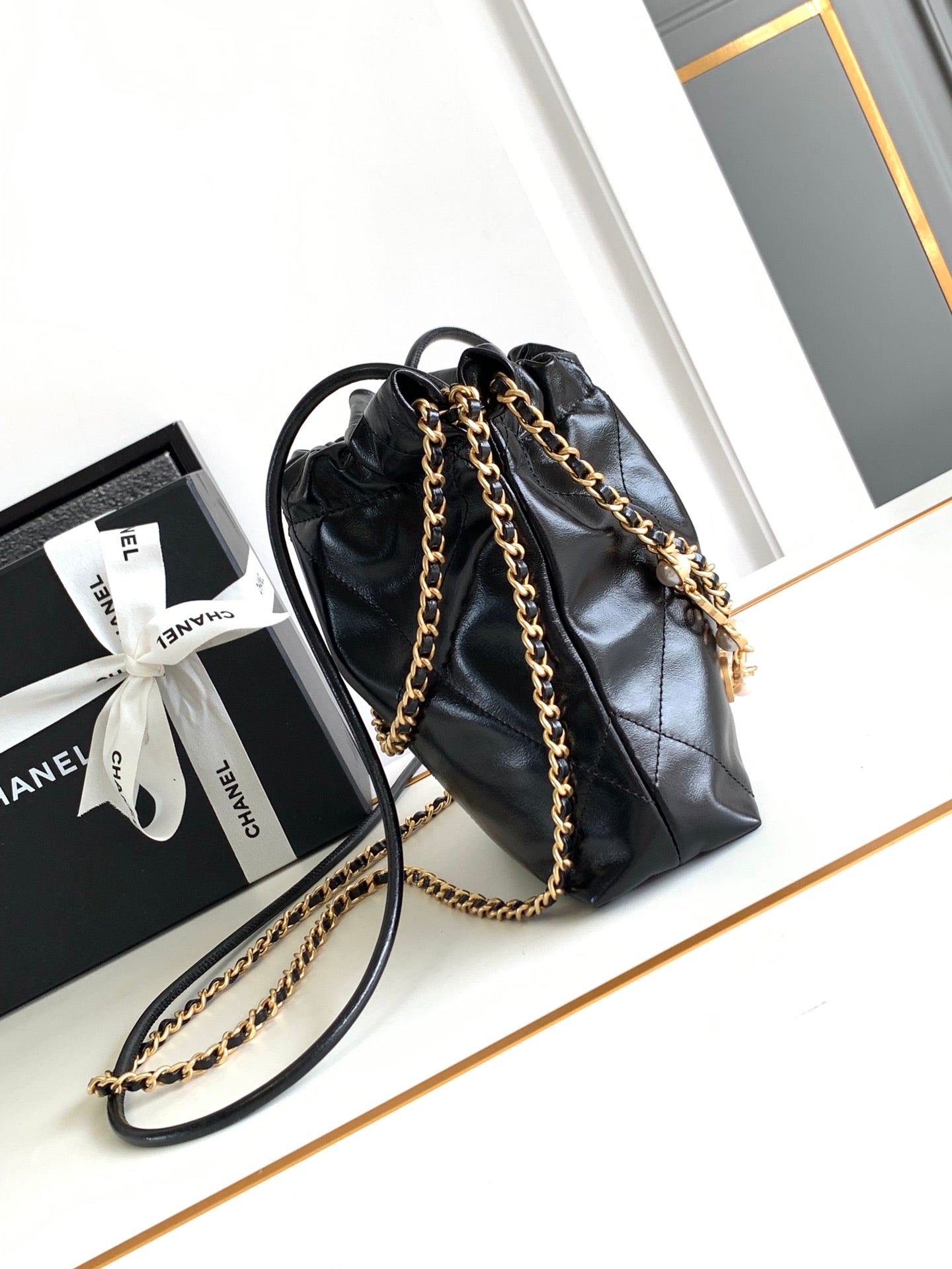 24a cc 22 hobo bag 20cm black lambskin pearl gold hardware mysite