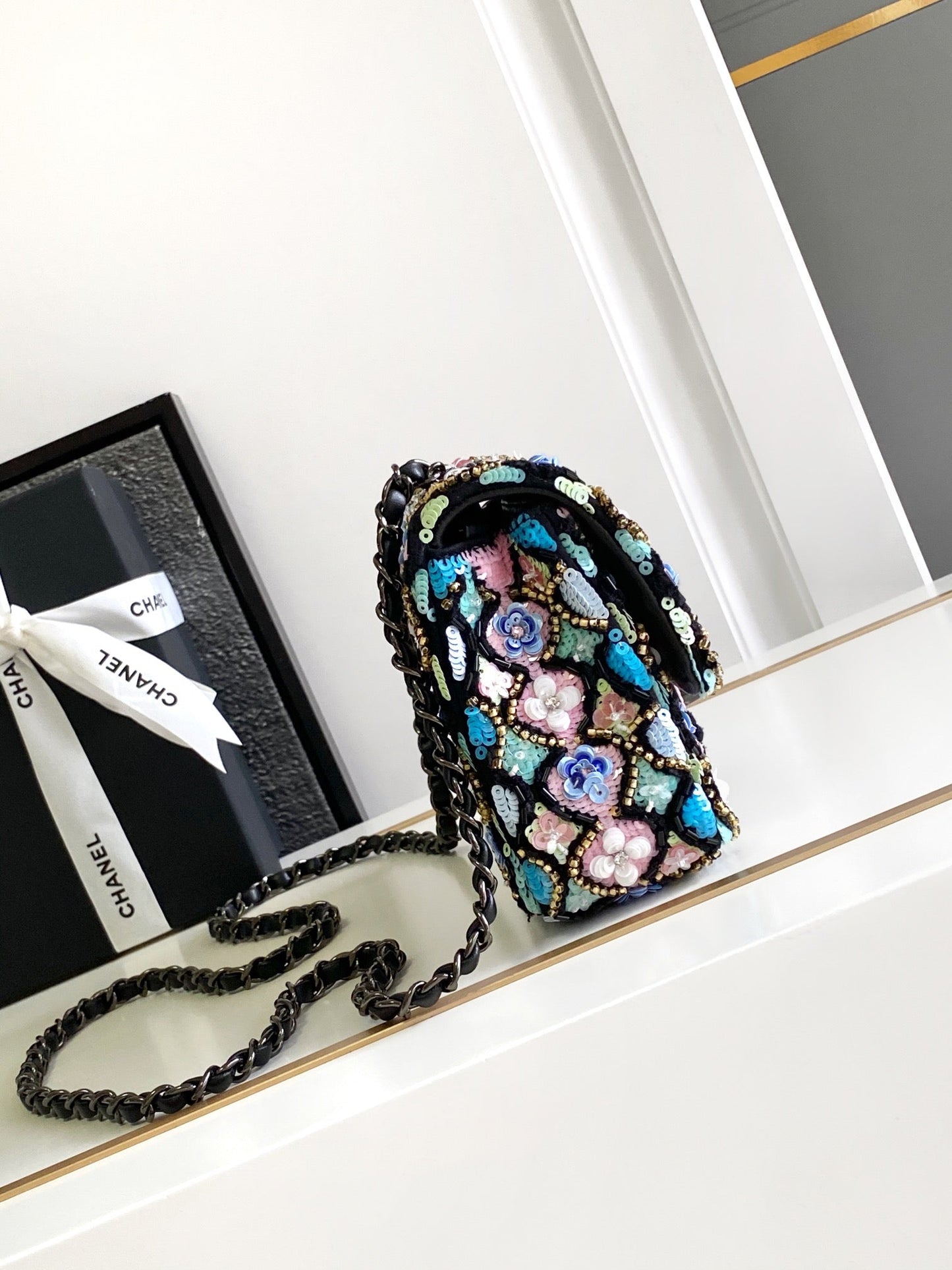 CC 24a Flap Bag 20cm Sequin Satin Black Hardware mysite