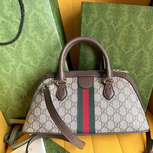 OPHIDIA 31 SMALL TOP HANDLE BAG IN BEIGE CANVAS AND BROWN CALFSKIN mysite