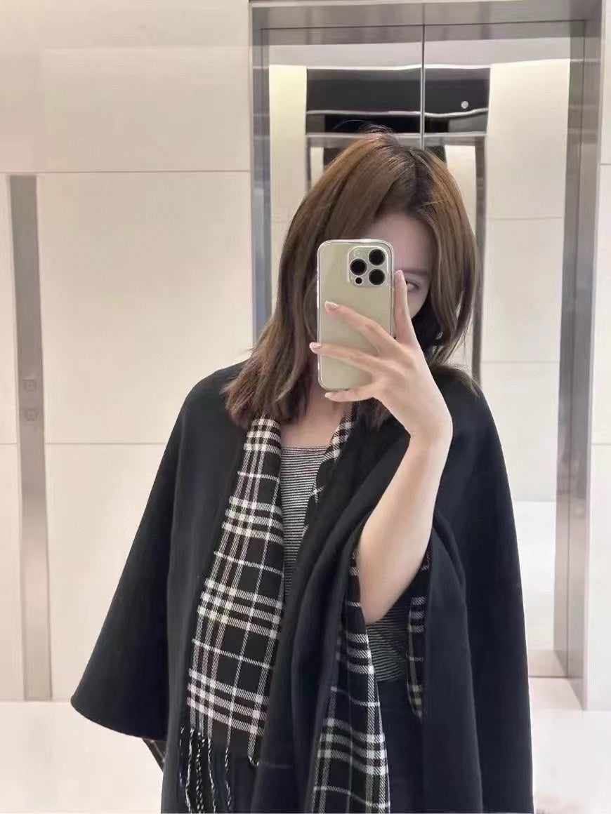 CHECK DOUBLE-SIDED CAPE 150 CM IN BLACK CASHMERE 401927 mysite