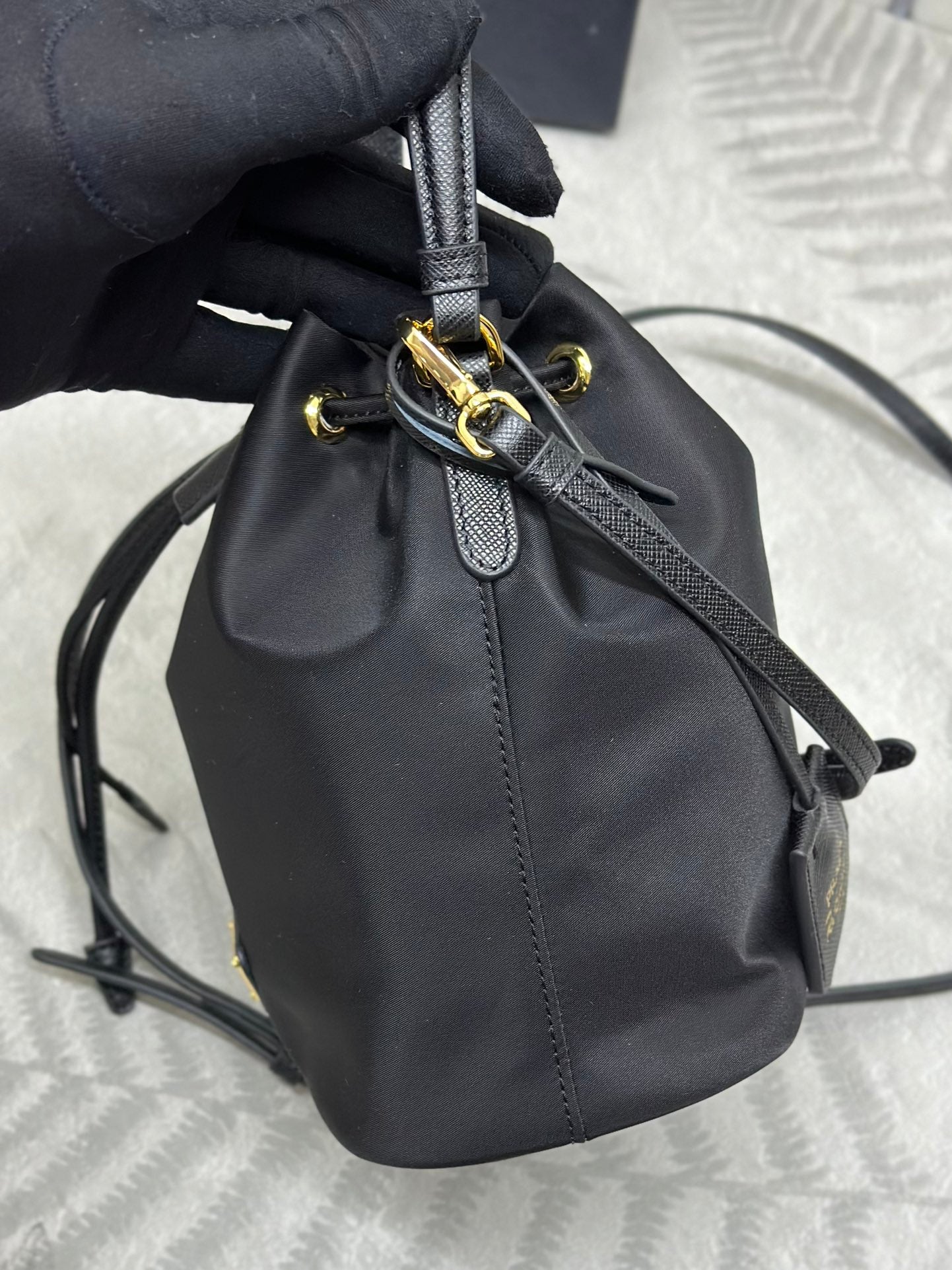 BUCKET BAG 19 IN BLACK RE-NYLON AND CALFSKIN HANDLE mysite