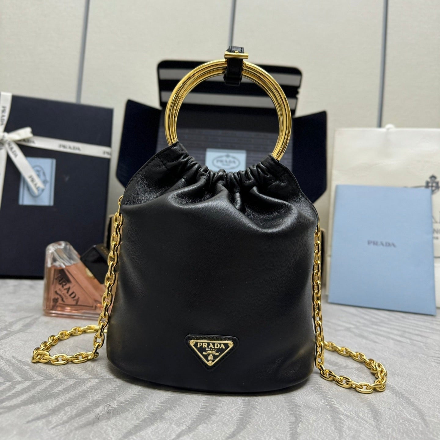 MINI BUCKET BAG 19 IN BLACK SOFT NAPPA LAMBSKIN GOLD HARDWARE mysite