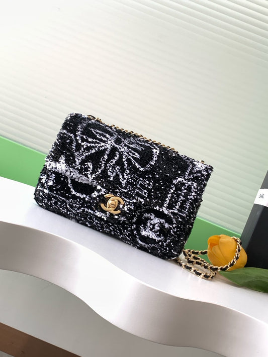 CC 24S Flap Bag Mini 21cm Black White Sequin Gold Hardware 238439 mysite