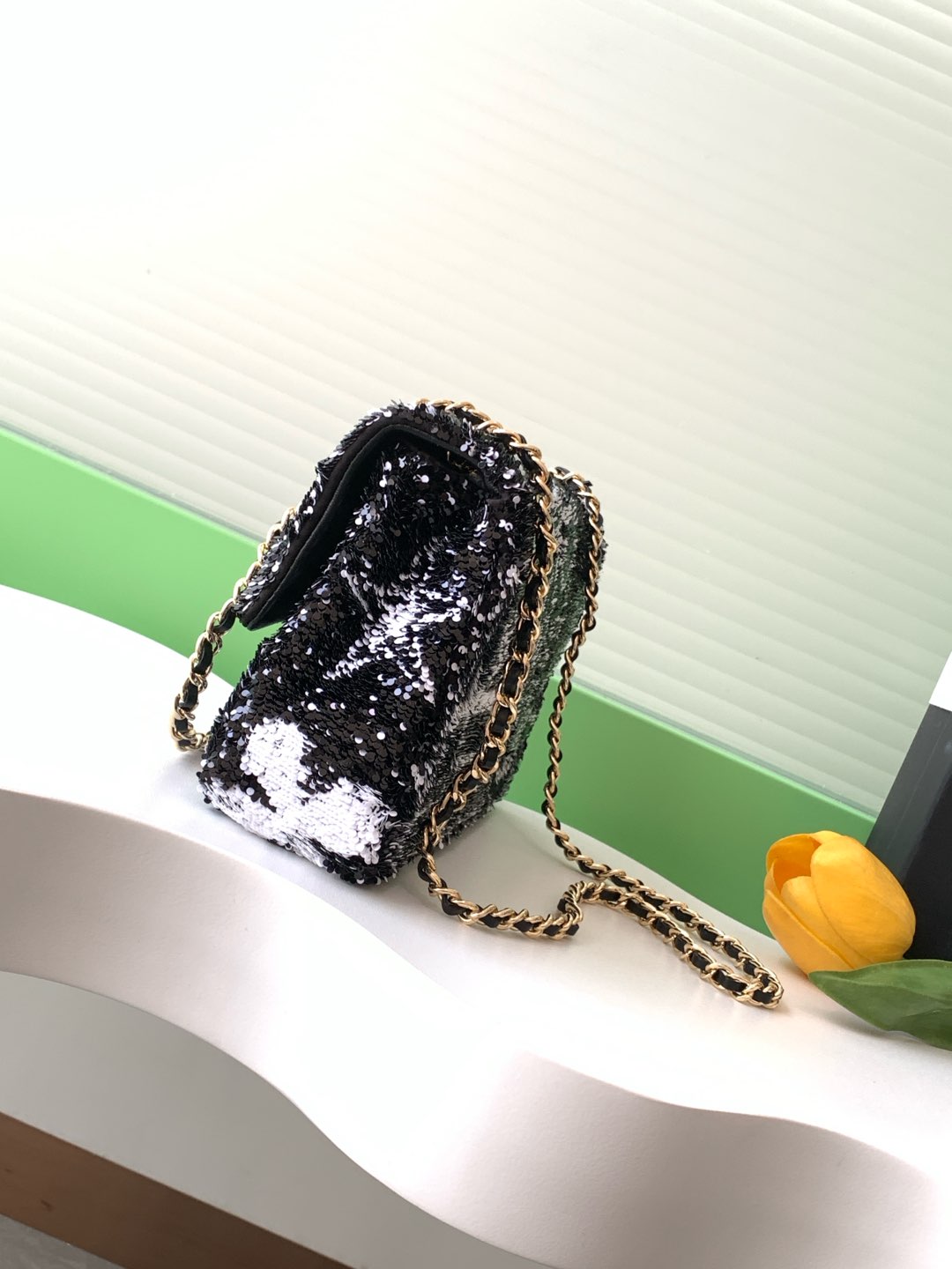 CC 24S Flap Bag Mini 21cm Black White Sequin Gold Hardware 238439 mysite