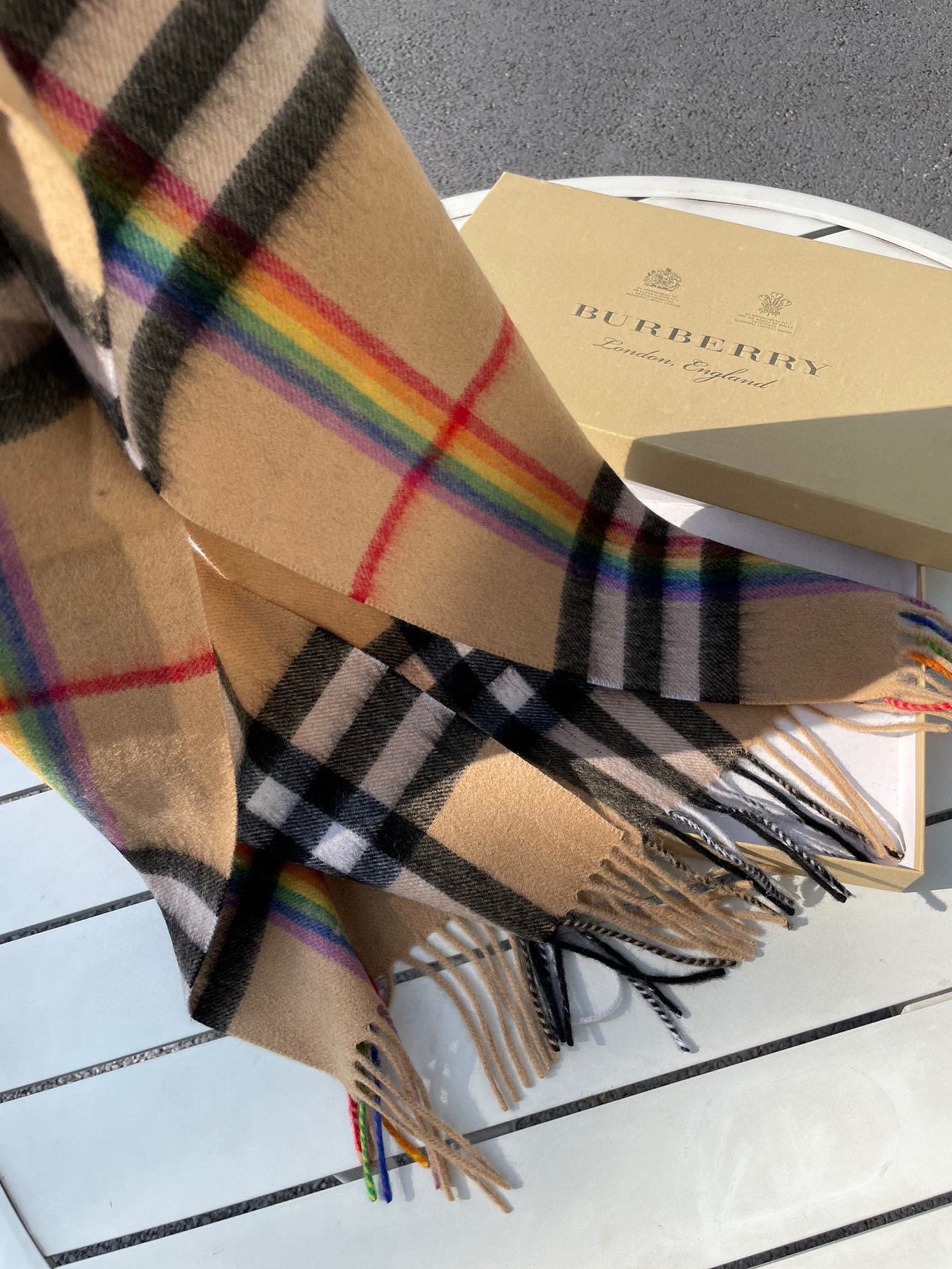 CHECK SCARF 200 CM IN CAMEL BEIGE MIX BLACK CASHMERE 394753 mysite