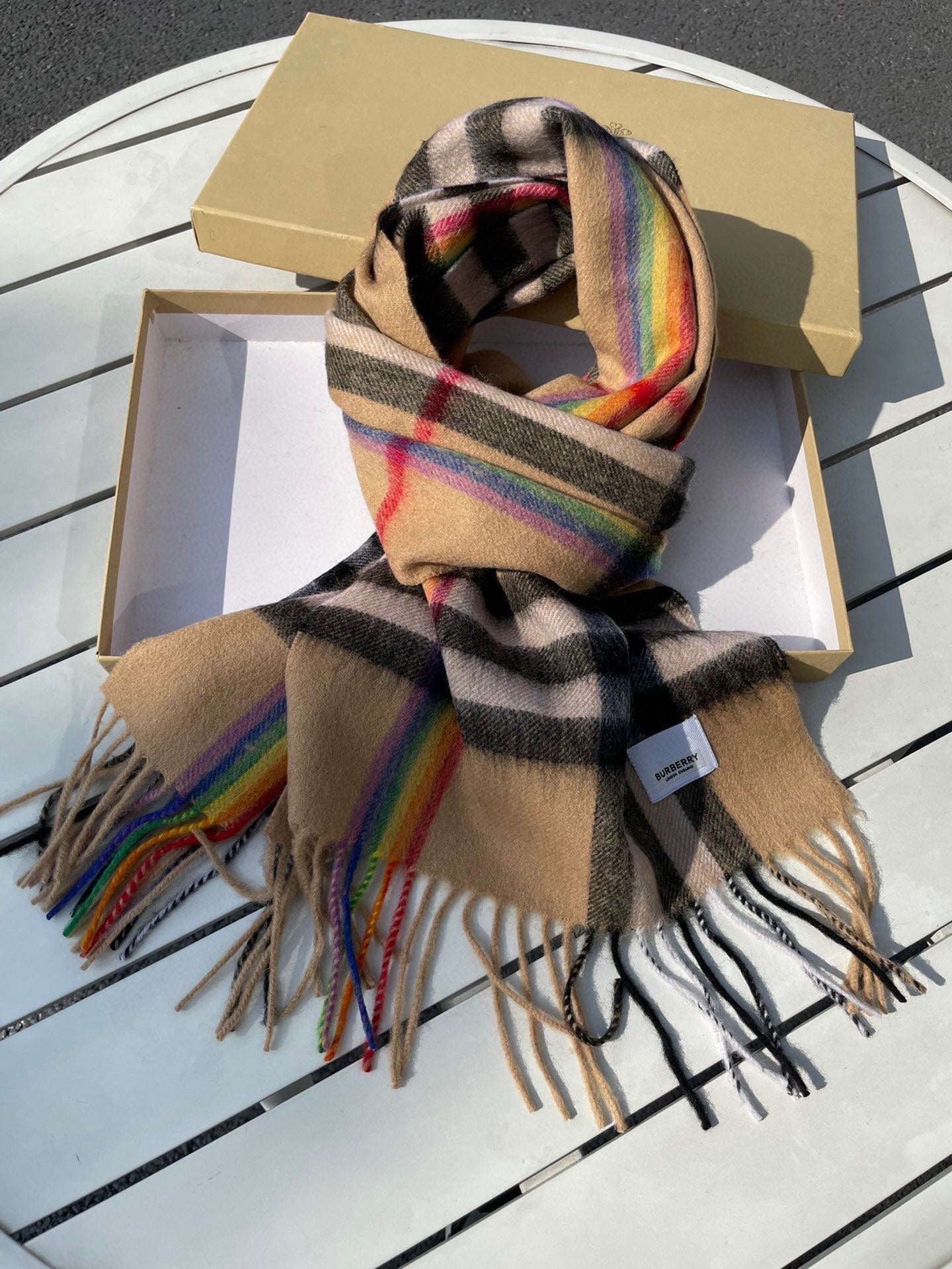 CHECK SCARF 200 CM IN CAMEL BEIGE MIX BLACK CASHMERE 394753 mysite