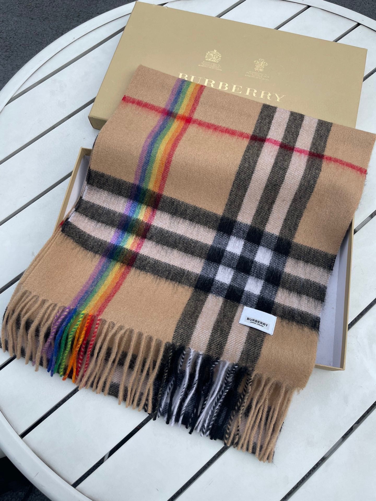 CHECK SCARF 200 CM IN CAMEL BEIGE MIX BLACK CASHMERE 394753 mysite