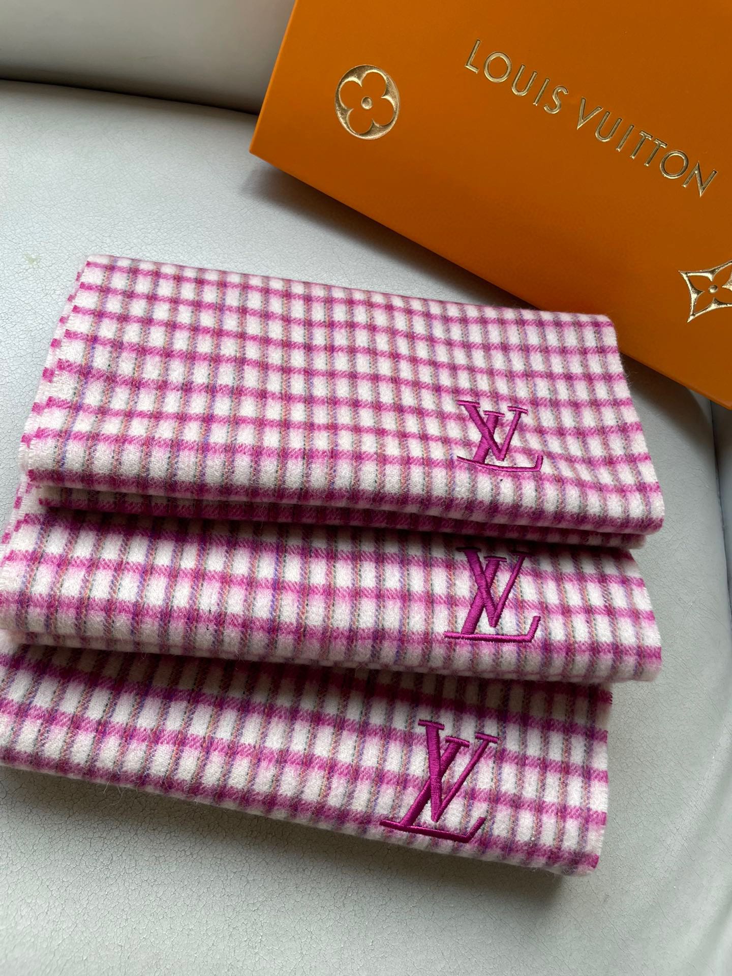 PLAID EMBROIDERY SCARF 180 CM IN BRIGHT PINK CASHMERE 399964 mysite